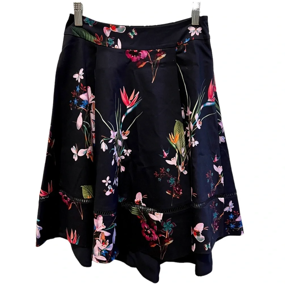 TED BAKER Plio Tropical Oasis Dipped Hem Skirt Navy - Picture 4 of 11